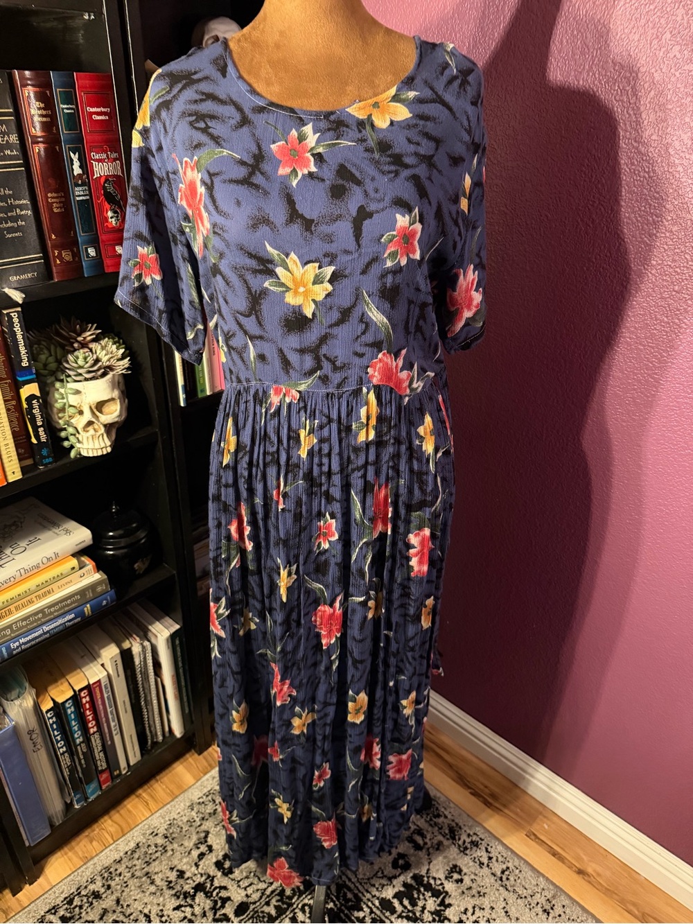Vintage 90s Floral Navy Maxi Dress with Pink & Yellow Blooms
